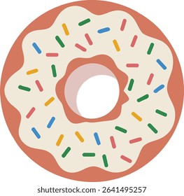 A vibrant and detailed illustration of a donut with colorful sprinkles and white frosting. Ideal for bakery advertisements, dessert menus, or sweet treat graphic designs.