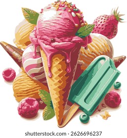 Uma ilustração vibrante e detalhada com uma deliciosa mistura de cones de sorvete, picolés, morangos e outras frutas. Ideal para embalagens de alimentos, design de menu, anúncios de sobremesa.