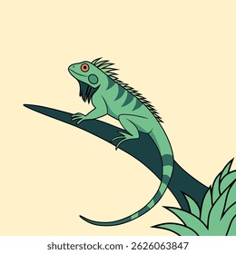 A vibrant and detailed illustration of a green iguana on a branch, perfect for educational materials, nature-themed designs, and digital art projects.