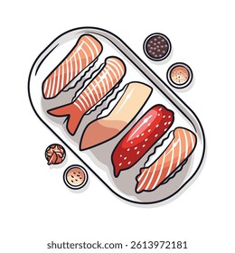 A vibrant and detailed illustration of a sushi platter, featuring rolls, nigiri, and sashimi.