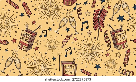 Un patrón vibrante y detallado sin fisuras con varios Elementos dibujados a mano asociados con las celebraciones del Año Nuevo, incluidos fuegos artificiales, copas de champán, poppers de fiesta y notas musicales, todo listo.