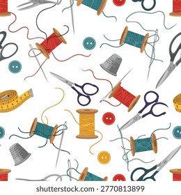 A vibrant and detailed seamless pattern featuring various sewing tools and accessories, including spools of thread, scissors, thimbles, and buttons, scattered across a white background.