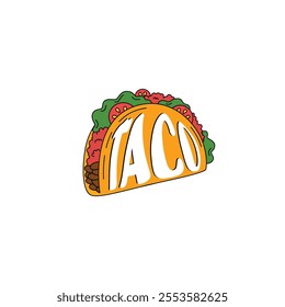 A vibrant and detailed vector illustration of a classic taco filled with meat, cheese, lettuce, tomatoes, and toppings. Perfect for restaurant branding, food truck graphics, menu designs, or Mexican