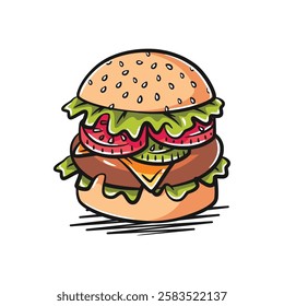 A vibrant and detailed vector illustration of a delicious hamburger, featuring colorful elements to make it pop. Perfect for food-related projects, branding, or creative designs