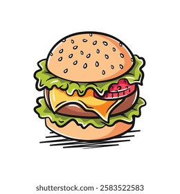 A vibrant and detailed vector illustration of a delicious hamburger, featuring colorful elements to make it pop. Perfect for food-related projects, branding, or creative designs