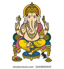 A vibrant and detailed vector illustration of Lord Ganesha, seated majestically on a throne. He is depicted with his elephant head, holding a modak (sweet), an axe, and making the Abhaya Mudra. 