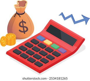 Una Ilustración vectorial vibrante y detallada de una calculadora roja con Botones coloridos, junto con una bolsa de dinero que simboliza las finanzas y monedas de oro. Una flecha de tendencia al alza significa crecimiento.