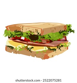 A vibrant, detailed vector illustration of a sandwich stacked with fresh ingredients including lettuce, tomatoes, cheese, and deli meats, showcasing rich textures and vivid colors.