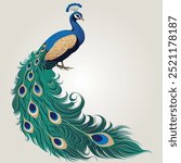 A vibrant, detailed vector of a majestic peacock showcasing its colorful feathers. Ideal for posters, prints, logos, or design projects needing a touch of elegance