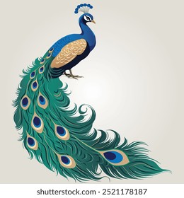 A vibrant, detailed vector of a majestic peacock showcasing its colorful feathers. Ideal for posters, prints, logos, or design projects needing a touch of elegance