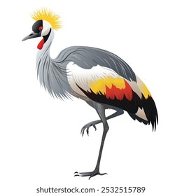 Ein lebendiger und detaillierter Vektor von Ugandas ikonischem Kran, der sein buntes Gefieder zeigt. Ideal für kulturelle Projekte, Illustrationen zu wild lebenden Tier- und Pflanzenarten oder Designs mit nationalem Thema. Vollständig editierbar für v