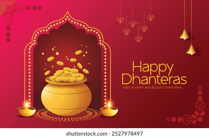 Vibrant Dhanteras celebration image featuring golden coins overflowing from a pot, illuminated lamps, and a festive background. Perfect for showcasing prosperity and festive spirit.