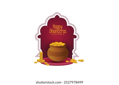 Vibrant Dhanteras celebration image featuring golden coins overflowing from a pot, illuminated lamps, and a festive background. Perfect for showcasing prosperity and festive spirit.