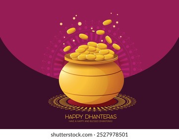 Vibrante Imagen de celebración de Dhanteras con monedas de oro que rebosan de una olla, lámparas iluminadas y un fondo festivo. Perfecto para mostrar la prosperidad y el espíritu festivo.