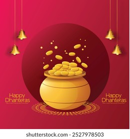 Vibrante Imagen de celebración de Dhanteras con monedas de oro que rebosan de una olla, lámparas iluminadas y un fondo festivo. Perfecto para mostrar la prosperidad y el espíritu festivo.