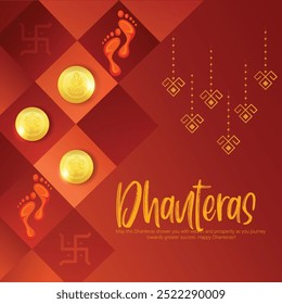 Design vibrante do festival Dhanteras com moedas de ouro, pegadas e símbolos tradicionais em um fundo vermelho rico, simbolizando prosperidade e boa sorte.

