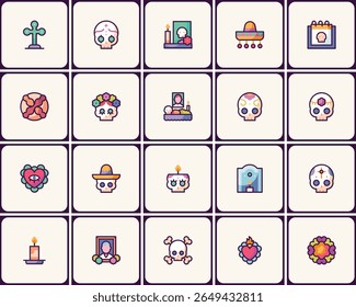 Dia vibrante de los Muertos Icon Set: Uma coleção festiva de símbolos culturais
