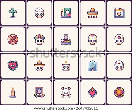 Vibrant Dia de los Muertos Icon Set: A Festive Collection of Cultural Symbols