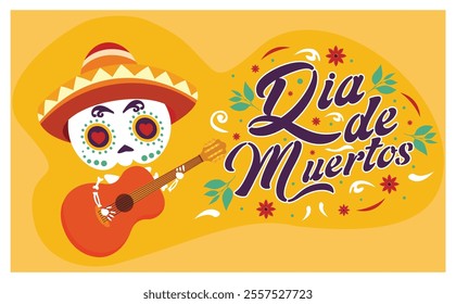 A vibrant Dia de Muertos design showcasing a skeleton wearing a hat and playing a guitar, surrounded by festive decorations. Celebrates Mexican culture and the Day of the Dead. 