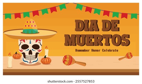 A vibrant of Dia de Muertos featuring a decorated skull, sombrero, candles, and maracas. The festive atmosphere honors and celebrates this traditional Mexican holiday. Flat vector modern illustration 