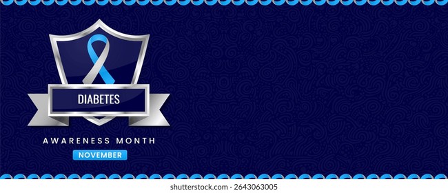 Banner de mês de conscientização sobre diabetes vibrante com fita azul em escudo, apresentando o padrão de espiral de fundo para campanhas de saúde de novembro e eventos de apoio.