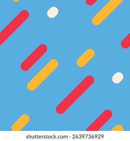 Vibrant diagonal lines in red and gold against a bright blue backdrop, interspersed with offwhite circles.