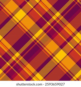 Vibrant diagonal plaid pattern in autumnal hues of orange, yellow, and deep redpurple.  Perfect for fallthemed designs, textile prints, or website backgrounds.