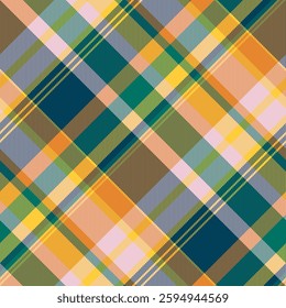 Vibrant diagonal plaid pattern in autumnal hues.  Perfect for textile design, apparel, packaging, or website backgrounds.  This cheerful, modern design evokes feelings of warmth and comfort.