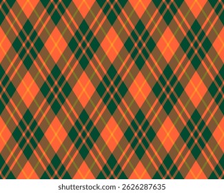 Vibrant diagonal plaid pattern in autumnal orange, green, and brown hues. Perfect for fallthemed designs, textiles, or website backgrounds.  Evokes warmth, tradition, and a touch of rustic charm.