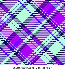 Vibrant diagonal plaid pattern in bold purple, blue, and mint green.  Perfect for fashion, textile design, website backgrounds, or any project needing a modern, energetic aesthetic.