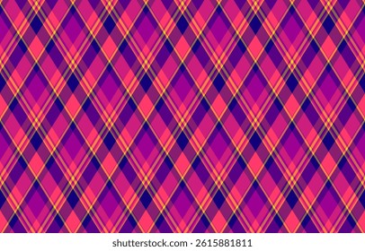 Vibrant diagonal plaid pattern in bold pink, purple, and gold hues.  Perfect for textile designs, website backgrounds, or fashion projects. This geometric textile evokes energy and style.