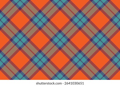 Vibrant diagonal plaid pattern in bold orange, teal, and brown.  Perfect for textile design, website backgrounds, or autumnal themed projects.