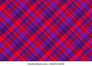Vibrant diagonal plaid pattern in bold red and purple hues. Perfect for fashion, textile, or web design projects needing a striking geometric texture.