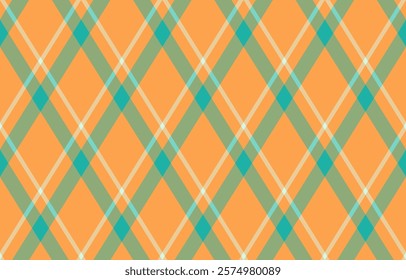 Vibrant diagonal plaid pattern in cheerful orange, teal, and sage green.  Perfect for textiles, website backgrounds, or packaging design.