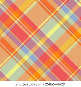 Vibrant diagonal plaid pattern in cheerful pastel and orange hues. Perfect for textile design, website backgrounds, or fashion projects.