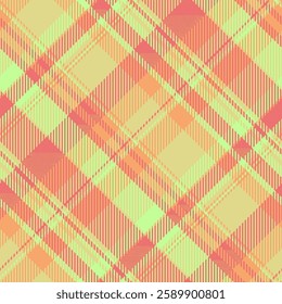 Vibrant diagonal plaid pattern in pastel coral, peach, and lime green.  Perfect for textile design, website backgrounds, or fashion illustrations.