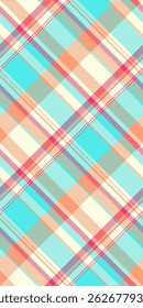 Vibrant diagonal plaid pattern in pastel turquoise, coral, and cream.  Perfect for textile design, website backgrounds, or summerthemed projects.