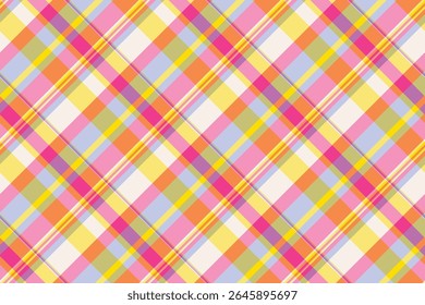Vibrant diagonal plaid pattern in pastel pink, yellow, orange, and purple.  Perfect for textile design, websites, packaging, or crafting projects.