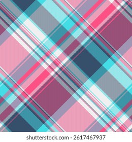 Vibrant diagonal plaid pattern in pink, teal, and gray.  Perfect for textile design, fashion, or website backgrounds.  Modern and stylish, this seamless texture evokes a sense of energy and optimism.