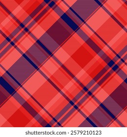 Vibrant diagonal plaid pattern in red, coral, and navy.  Perfect for textile design, fashion, or website backgrounds.  Modern and stylish, this seamless texture adds energy and visual interest.