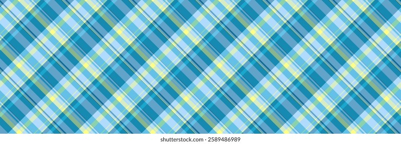 Vibrant diagonal plaid pattern in shades of blue and yellow.  Perfect for textile design, website backgrounds, or crafting projects.