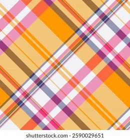 Vibrant diagonal plaid pattern in sunny orange, pink, and purple hues.  Perfect for textile design, fashion, or website backgrounds.  This cheerful, modern design evokes warmth and energy.