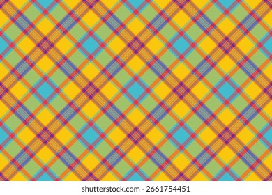 Padrão de xadrez diagonal vibrante em amarelo ensolarado, azul-petróleo e verde-mudo.  Perfeito para design têxtil, fundos de site, ou marca alegre.