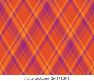 Vibrant diagonal plaid pattern in sunset orange and purple hues.  Perfect for autumnal designs, fall fashion, textile prints, or festive backgrounds.
