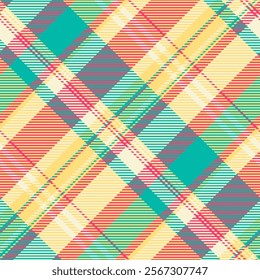 Vibrant diagonal plaid pattern in teal, pink, and yellow.  Perfect for textiles, fashion, website backgrounds, and modern design projects.  Striking geometric texture adds visual interest.