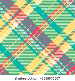 Vibrant diagonal plaid pattern in teal, yellow, and pink.  Perfect for textile design, website backgrounds, or fashion-related projects.  Modern and eye-catching geometric texture.