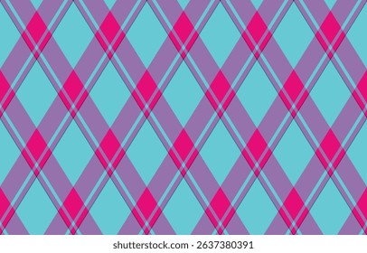 Vibrant diagonal plaid pattern in teal, purple, and pink.  Perfect for textile design, fashion, website backgrounds, or playful branding.