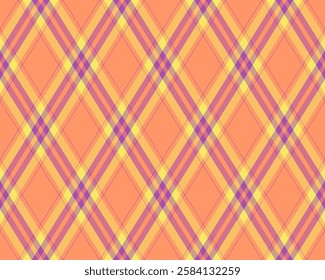 Vibrant diagonal plaid pattern in warm peach, yellow, and purple hues.  Perfect for textile design, website backgrounds, or adding a touch of cheerful texture to your projects.