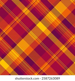 Vibrant diagonal plaid pattern in warm autumnal hues.  Perfect for fallthemed designs, textiles, or website backgrounds.  The bold colors and intersecting lines create a dynamic and energetic visual.