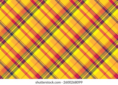 Vibrant diagonal plaid pattern in warm, sunny hues. Perfect for textile design, apparel, backgrounds, and website designs.  This cheerful, energetic image evokes feelings of joy and optimism.